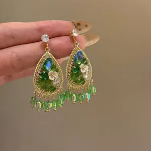 Vintage Green Teardrop Tassel Stud Earrings For Women Resin 3D Flower Rhinestone Inlaid Steel Post Ethnic Style Jewelry Gift