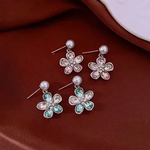 Luxus Legierung Zirkonia Blume Ohrstecker Mit Silber Ohrringpfosten Künstliche Perle Hängeohrringe Für Damen Mode Schmuck