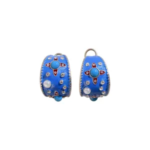 Französische Vintage C-förmige Creolen aus blauem Emaille mit Perlen und funkelnden Strasssteinen