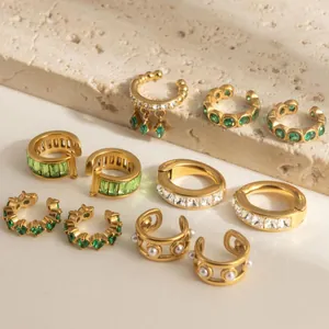Luxury Stainless Steel Rhinestone Artificial Pearl Ear Cuff Set For Women Gold Plated Geometric Non Piercing Earrings Jewelry
