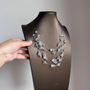 Detailed view of a multi-layer iridescent crystal beaded necklace on a display mannequin bust