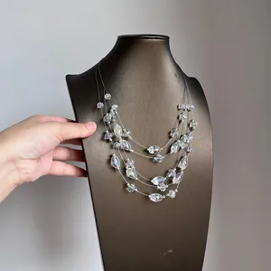 Macro view of multi-layered crystal beaded necklace featuring transparent oval stones