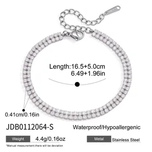 Detail of a double row rhinestone stainless steel bracelet with size and weight info