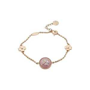 Bracciale placcato oro 18k con quadrifoglio in zircone e ciondolo in pietra rosa