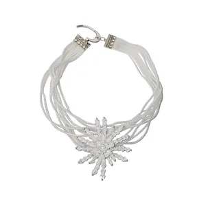 Elegant multi-layer beaded necklace with large white fabric floral pendant choker