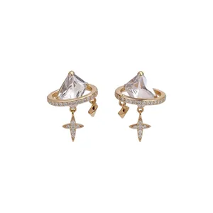 Exquisite 18K gold plated silver needle stud earrings with star charm and clear stone