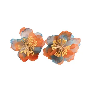Elegant chiffon flower earrings with blue and orange petals and silver needle backs.