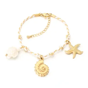 Adjustable summer ocean theme braided cord bracelet with sea turtle and conch charms