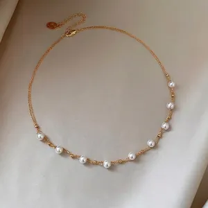 French style 18k gold plated choker necklace with delicate white pearls and beads