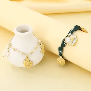 Summer Ocean Style Stainless Steel Pendant Bracelet Floral Fabric Cotton Rope Sea Turtle Shell Starfish Adjustable Hand Chain For Women Vacation Jewelry