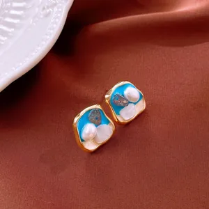 Elegant vintage Monet garden style gold square earrings with blue enamel and pearls