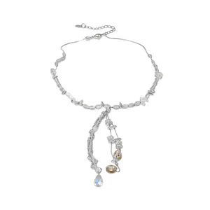 Minimalist silver crystal beaded necklace with colorful teardrop tassel pendants