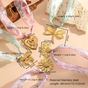 Detailed measurements of stainless steel silk scarf necklaces with various floral pendants