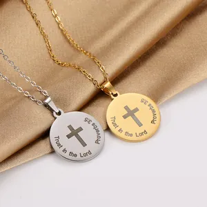 Collar con Colgante de Cruz Redonda de Acero Inoxidable Trust In The Lord Versículo Bíblico Proverbios 3:5 Chapado en Oro de 18K Joyas Cristianas Religiosas para Hombre Mujer