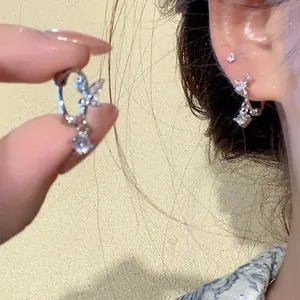 Butterfly Zirconia Hoop Earrings For Women Niche Design Silver Color Copper Simple Fashion Light Luxury Jewelry With Silver Earring Post