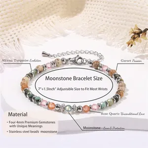 Adjustable 4mm gemstone beaded bracelet with African turquoise and moonstone