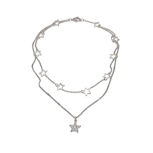 Elegant double-layer silver tone necklace featuring delicate zircon star charms for women