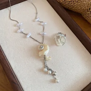 Exquisite island style shell and pearl necklace with flower ring set for beach vacations