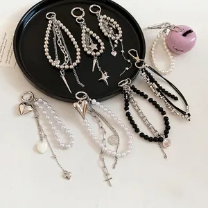 Trendy heart and pearl beaded keychain pendants with stylish silver-tone metal chains
