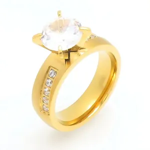 Minimalist stainless steel engagement ring with a large four-prong set solitaire stone