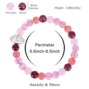 Pink quartz and garnet beaded bracelet with lotus charm for anxiety relief