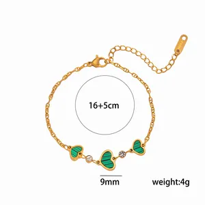 Elegant 18K gold plated titanium steel heart bracelet with green malachite charms