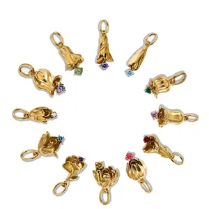 Pendentif Fleur de Naissance en Acier Inoxydable Breloque Fleur du Mois de Naissance Personnalisée en Strass pour la Fabrication de Bijoux DIY Colliers Accessoires