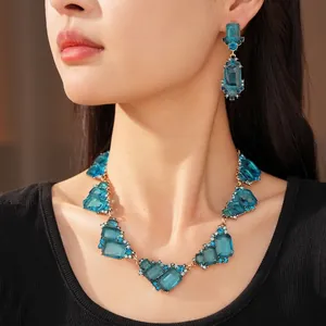 Conjunto de joyas vintage con collar y pendientes de piedras azules geométricas para mujer
