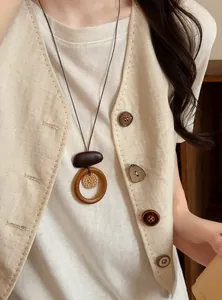 Retro ethnic style woven long necklace with wooden circular pendant and cord