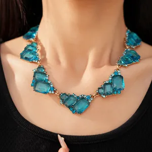 Collar vintage con cristales geométricos azules y diamantes de imitación para mujer