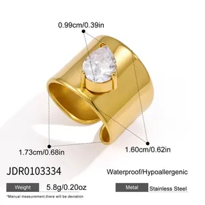 Brede gouden roestvrijstalen ring met peervormige witte zirkonia, sieraad in vintage stijl
