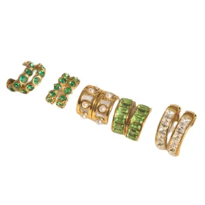 Elegant stainless steel zircon ear cuff set with green gemstones and white pearls