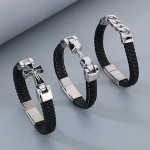 Men's braided black leather bracelets with stainless steel cross and Cuban link details
