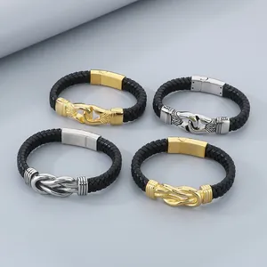 Men's braided leather stainless steel bracelet collection with infinity knot design