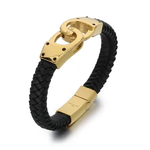 Men's black braided leather bracelet with gold stainless steel handcuff clasp