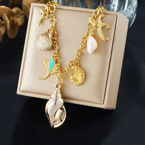Elegant gold-plated marine life pendant necklace featuring shells and starfish charms