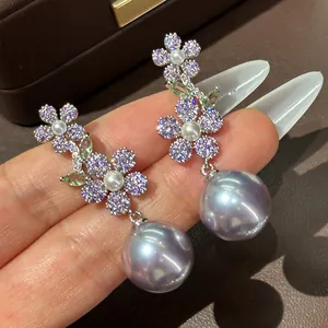 Boucles d'Oreilles Pendantes Fleur et Perle Vintage Français pour Femme Luxe Léger Zirconia Violet Alliage Bijoux