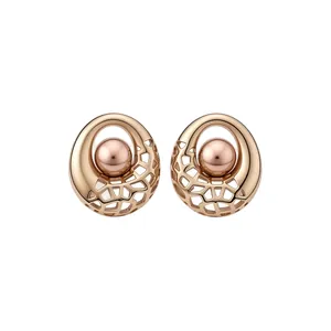 Elegant rose gold hollowed-out lattice round stud earrings with smooth pearl center accent