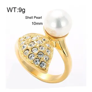 Bague style palais en acier inoxydable avec perle de 10mm et strass pavés brillants