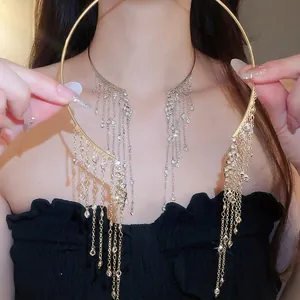 Luxury Angel Wing Sparkling Rhinestone Crystal Tassel Choker Necklace For Women Fashion Iron Alloy Fringe Collar Jewelry
