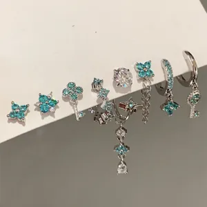 Sophisticated Copper Zirconia Flower Star Pendant Stud Earrings Light Luxury Blue Silver Color Earrings Jewelry For Women