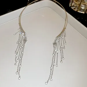 Detailed view of shimmering crystal tassel fringes on a silver choker necklace