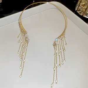 Close-up of elegant Angel Wings gold choker featuring sparkling crystal tassels