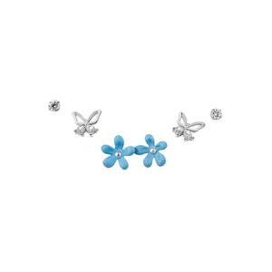 Set of three silver stud earrings featuring blue enamel flowers and rhinestone butterflies