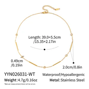 Especificaciones de tamaño para collar de acero inoxidable chapado en oro 18K con circonitas.