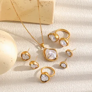 French vintage irregular pearl jewelry set with 18K gold plated stainless steel