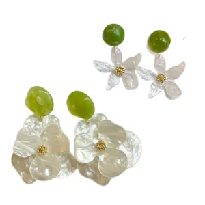 Gardenia flower earrings with white resin petals and green studs for summer