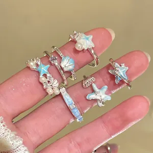 Summer Vacation Style Blue Starfish Shell Open Adjustable Ring For Women Copper Enamel Artificial Pearl Rhinestone Finger Jewelry