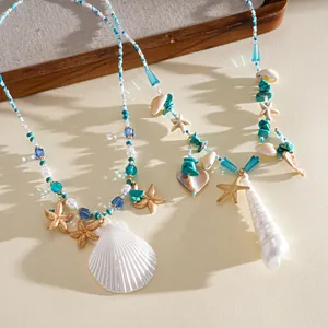 Close-up detail of a vibrant beaded necklace featuring seashells and golden starfish