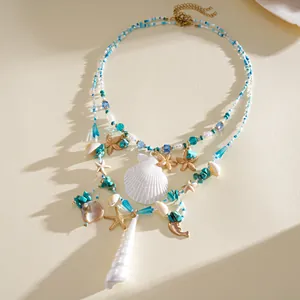 Close-up of Bohemian ocean-themed necklace with white shells and golden starfish pendants